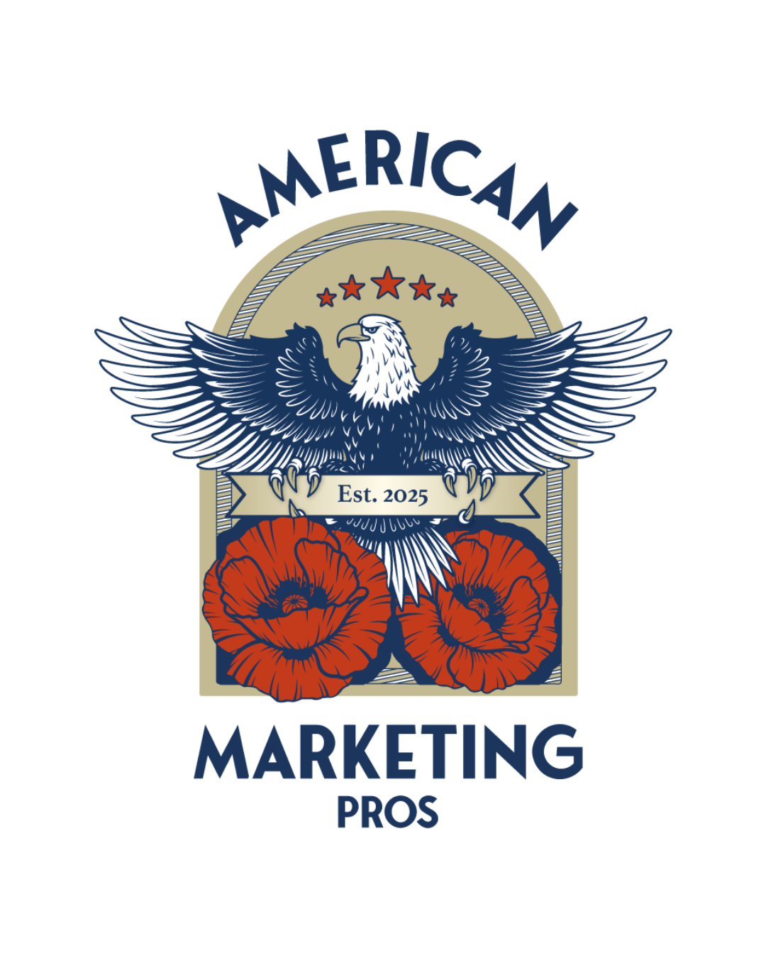 American Marketing Pros eagle crest with poppies and Est. 2025 banner